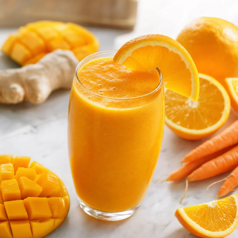 Smoothie energético de manga, laranja e cenoura